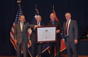 (left to right): Secretary of Commerce Wilbur Ross, R&M International CEO Denys Rawson and Partner Stephen Rawson, and Gilbert Kaplan, Under Secretary of Commerce for International Trade.