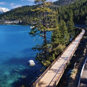 Composite Advantage, Dayton, Ohio, constructed a shared-use bridge at Lake Tahoe, which features 32 prefabricated fiber reinforced composite sections on steep hillsides that could not accommodate ground paths. 