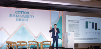 Jesse Daystar, PhD., vice president and chief sustainability officer for Cotton Incorporated, presents LCA data as a credible resource to help inform sourcing decisions, support regulatory compliance and identify opportunities for meaningful improvement at the Cotton Sustainability Summit. Image courtesy of Cotton Incorporated.
