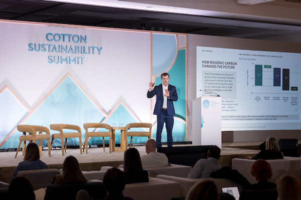Jesse Daystar, PhD., vice president and chief sustainability officer for Cotton Incorporated, presents LCA data as a credible resource to help inform sourcing decisions, support regulatory compliance and identify opportunities for meaningful improvement at the Cotton Sustainability Summit.Image courtesy of Cotton Incorporated.